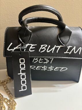 Boohoo Black Mini Top-Handle Bag with White Script